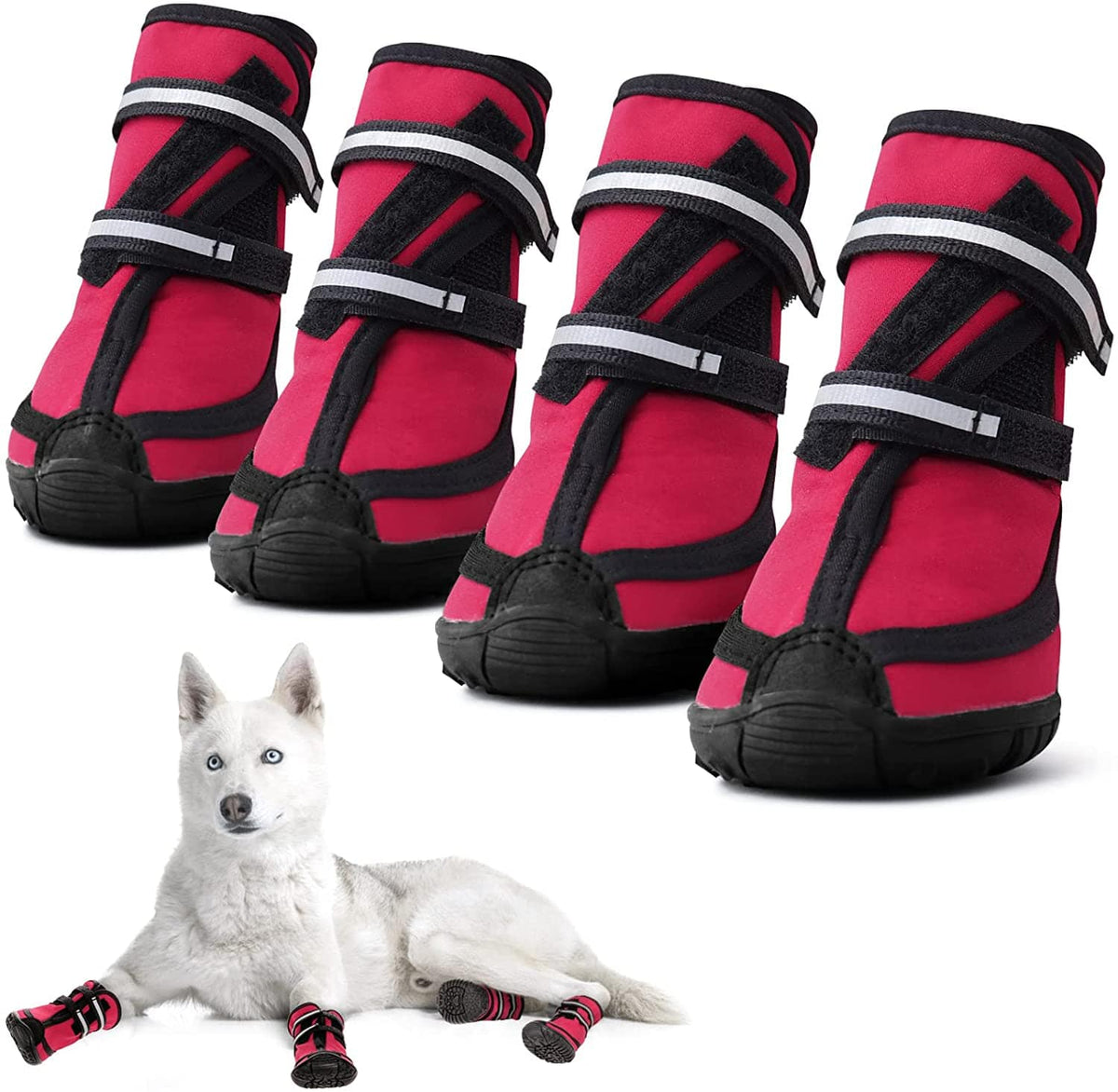 KUTKUT Dog Boots for Medium Large Dogs, Waterproof Dog Shoes with Nonslip Rubber Soles & Reflective Straps, Pet Booties High-Ankle Paw Protectors for Walking, Hiking, Running Red - kutkutstyl