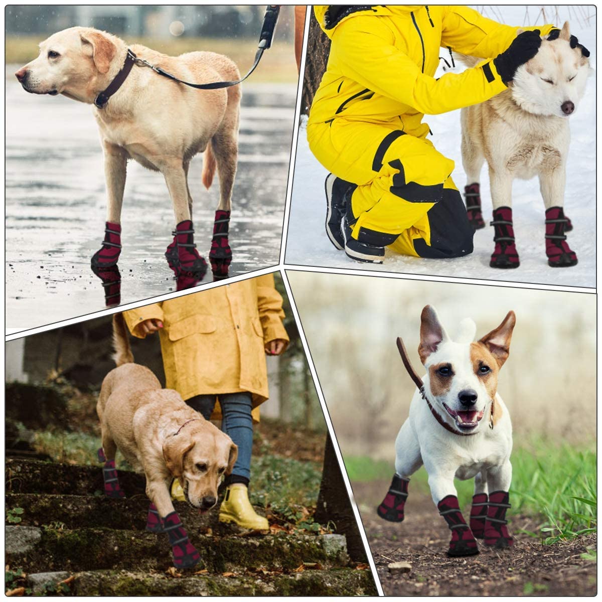 KUTKUT Dog Boots for Medium Large Dogs, Waterproof Dog Shoes with Nonslip Rubber Soles & Reflective Straps, Pet Booties High-Ankle Paw Protectors for Walking, Hiking, Running Red - kutkutstyl