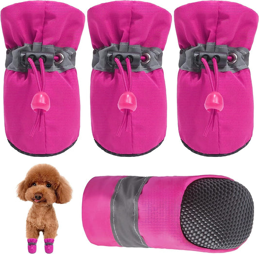 KUTKUT Dog Boots Paw Protector | Pack of 4pcs Anti-Slip Dog Shoes with Reflective Straps for Small Dogs (Pink) - kutkutstyle