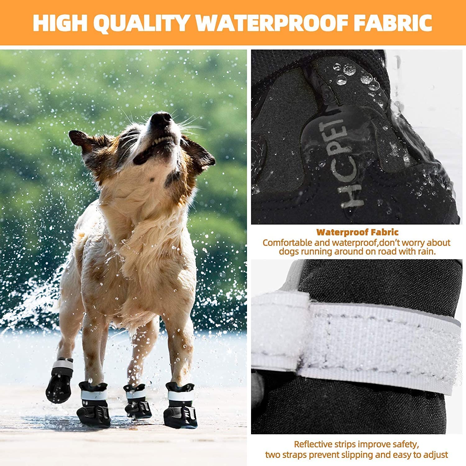 KUTKUT Dog Pack of 4pcs Boots, Waterproof Dog Shoes, Dog Booties with Reflective Rugged Anti-Slip Sole and Skid-Proof, Outdoor Dog Rain Boots for Medium to Large Dogs, Four Ways Stretch Paw P