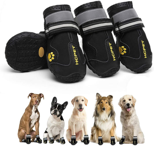 KUTKUT Dog Pack of 4pcs Boots, Waterproof Dog Shoes, Dog Booties with Reflective Rugged Anti-Slip Sole and Skid-Proof, Outdoor Dog Rain Boots for Medium to Large Dogs, Four Ways Stretch Paw P