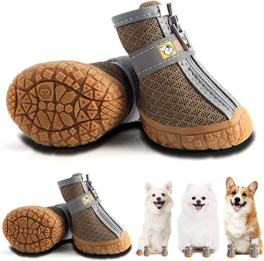 KUTKUT Dog Shoes for Hardwood Floor | Breathable Dog Boots with Anti-Slip Rugged Sole | Summer Dog Booties | Pack of 4pcs Dog Hiking Boots with Reflective & Adjustable Strap Zipper Closure fo