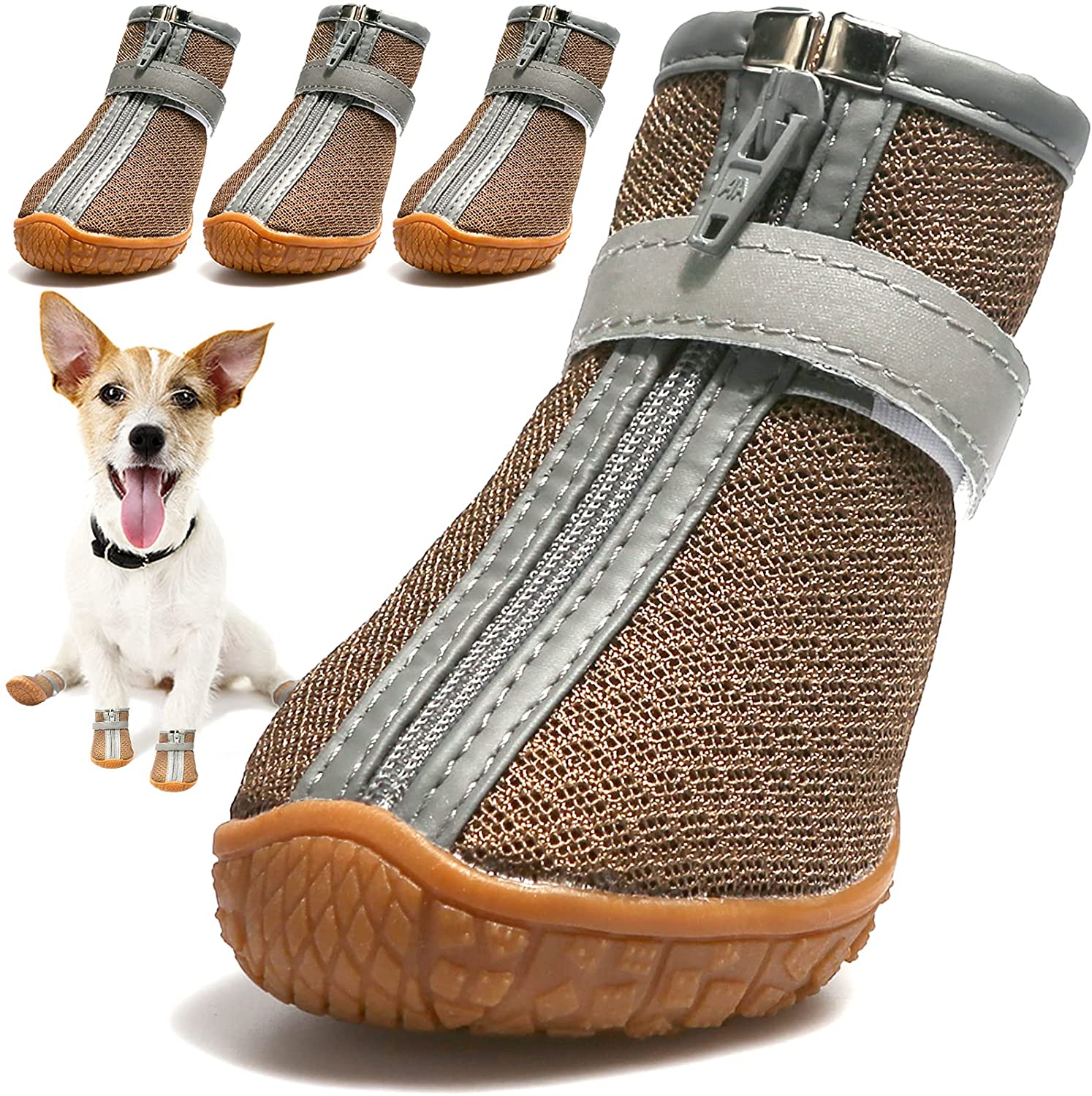 KUTKUT Dog Shoes for Hardwood Floor | Breathable Dog Boots with Anti-Slip Rugged Sole | Summer Dog Booties | Pack of 4pcs Dog Hiking Boots with Reflective & Adjustable Strap Zipper Closure fo
