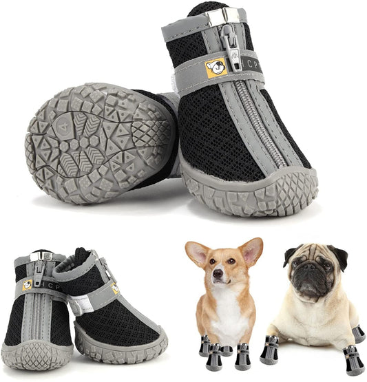 KUTKUT Dog Shoes for Hardwood Floors | Pack of 4pcs Breathable Dog Boots with Anti-Slip Rugged Sole | Summer Dog Booties | Dog Hiking Boots with Reflective & Adjustable Strap Zipper Closure f
