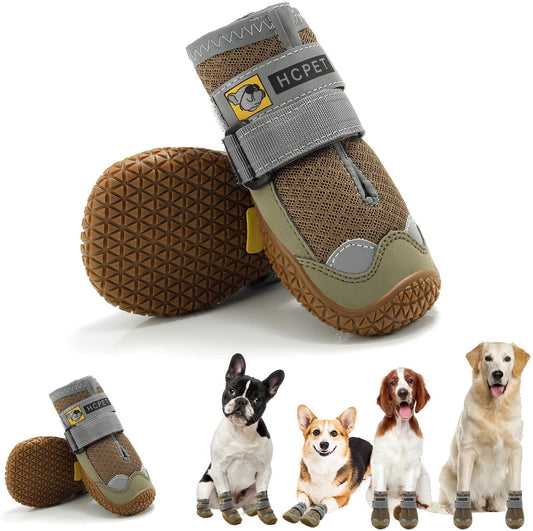 KUTKUT Dustproof Dog Boots for Hardwood Floor | Breathable Dog Shoes | Dog Booties with Reflective Anti-Slip Sole | Outdoor Paw Protectors with Rubber Soles for Hiking and Running Brown - kut