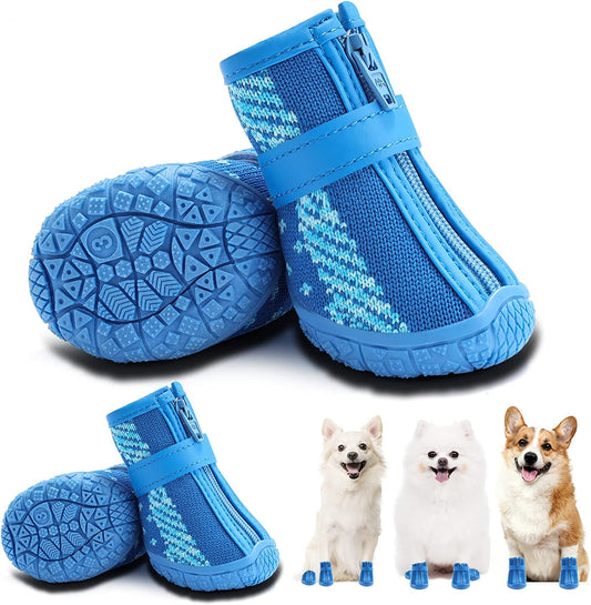 KUTKUT Small Dog Shoes Anti-Slip Dog Boots Paw Protective with Reflective Straps Soft Mesh Breathable Adjustable Puppy Dog Shoes Booties with Zipper for Small & Medium Dogs 4PCS Blue - kutkut