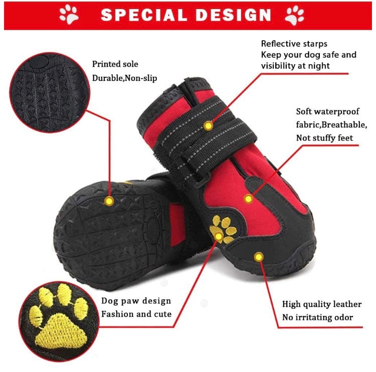 KUTKUT Waterproof Dog Boots for Medium Large Dogs | Dog Rain Boots | Dog Outdoor Shoes with Two Reflective Fastening Straps and Rugged Anti-Slip Sole Red - kutkutstyle