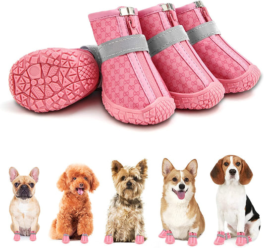 KUTKUT Waterproof Dog Boots Paw Protector, Anti-Slip Breathable Winter Snow with Reflective Strips Soft Comfortable Anti-Slip Rubber Sole Dog Shoes for Small Medium Dogs Pink - kutkutstyle