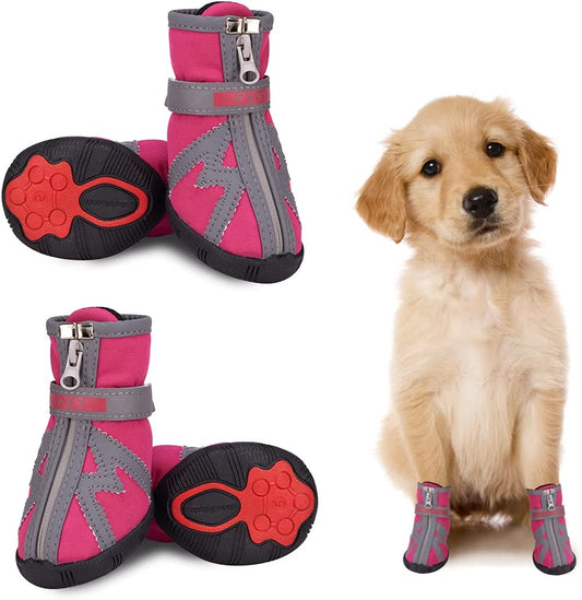 KUTKUT Waterproof Dog Shoes Paw Protector, Anti-Slip Breathable Winter Snow with Reflective Strips Soft Comfortable Anti-Slip Rubber Sole Dog Booties for Small Medium Dogs Pink - kutkutstyle