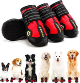 KUTKUT Waterproof Dog Boots for Medium Large Dogs | Dog Rain Boots | Dog Outdoor Shoes with Two Reflective Fastening Straps and Rugged Anti-Slip Sole Red - kutkutstyle