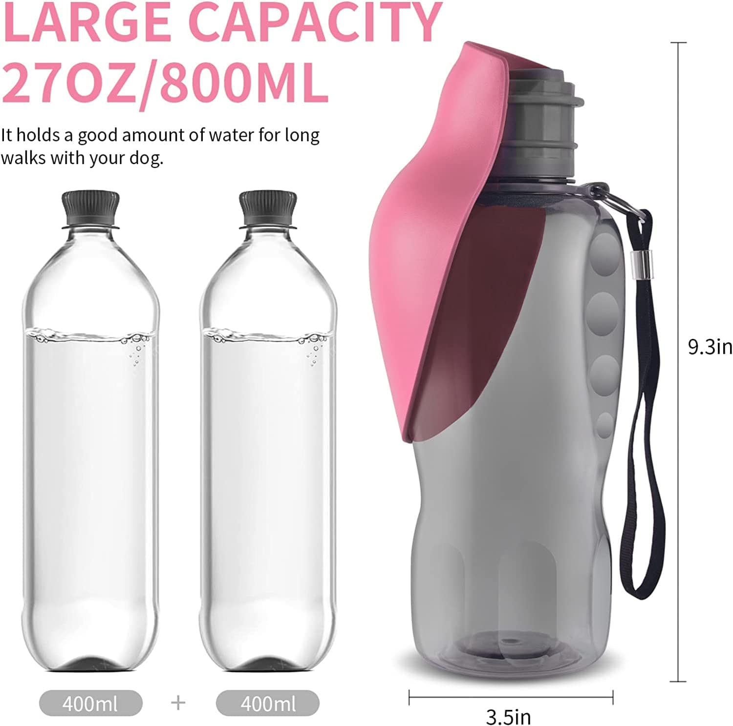 KUTKUT Dog Water Bottle, Portable Dog Water Bottle, Dog Water Dispenser with Leak-Proof Design for Dog Walking, Hiking and Traveling BPA-Free Materials (Pink, 800 ml) - kutkutstyle