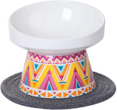 KUTKUT Newest 2022 Style Boho Pattern Round Ceramic Elevated Food Bowl Protect Pets' Spines and Neck, Anti Vomiting Porcelain Stress Free Tilted Bowl for Cats and Small Dogs (Medium) - kutkut