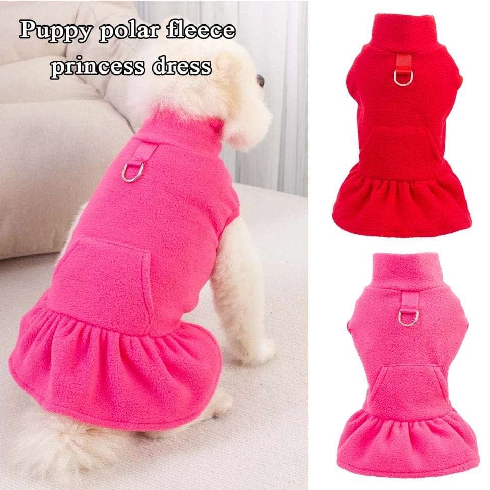 KUTKUT 2Pcs Turtleneck Dog Sweater for Small Dog Cat Girl, Fall Dog Sweater Dress with Pocket D-Ring, Puppy Sweater Fleece Dog Dress with Harness, Dog Dress Pet Clothes - kutkutstyle