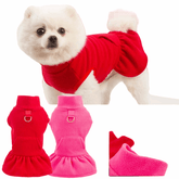 KUTKUT 2Pcs Turtleneck Dog Sweater for Small Dog Cat Girl, Fall Dog Sweater Dress with Pocket D-Ring, Puppy Sweater Fleece Dog Dress with Harness, Dog Dress Pet Clothes - kutkutstyle