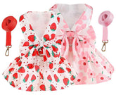 KUTKUT 2Pcs Small Dog Bowknot Harness Dress, Straberries & Floral Pattern Girl Dog Dresses Cute Puppy Pet Doggy Breathable Princess Dress for King Charles, French Bulldog etc - kutkutstyle