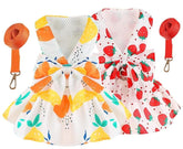 KUTKUT 2Pcs Small Dog Bowknot Harness Dress, Straberries & Floral Pattern Girl Dog Dresses Cute Puppy Pet Doggy Breathable Princess Dress for King Charles, French Bulldog etc - kutkutstyle