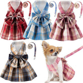 KUTKUT 4 Pcs Plaid Dog Cats Dress Bow Tie Harness Leash Set Harness Dress for Small Dogs Cute Dog Pet Girl Puppy Adjustable Doggie Summer Dresses for Small Dogs Cats - kutkutstyle