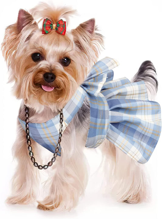 KUTKUT Dog Clothes for Small Dogs Girl, Plaid Dog Dress Bow Tie Harness Leash Set, Puppy Cute Bow Skirt, Pet Outfits with Leash Ring - kutkutstyle