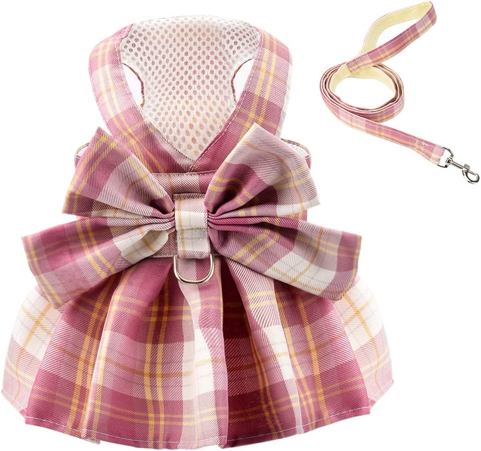 KUTKUT Plaid Dog Dress Bow Tie Harness Leash Set Harness Dress for Sma