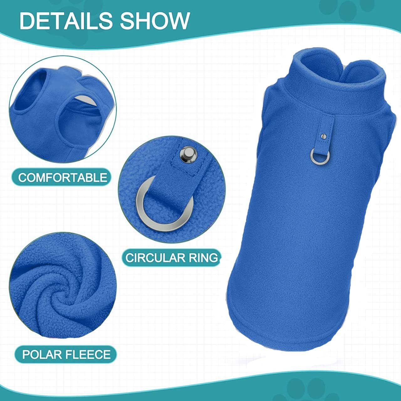 KUTKUT Lightweight Dog Fleece Sweater | Warm Pullover Polar Fleece Dog Jacket with Leash Attachment | Winter Small Dog Coat for Yorkie, Maltese, Chihuahua, Shih Tzu etc. (Blue) - kutkutstyle