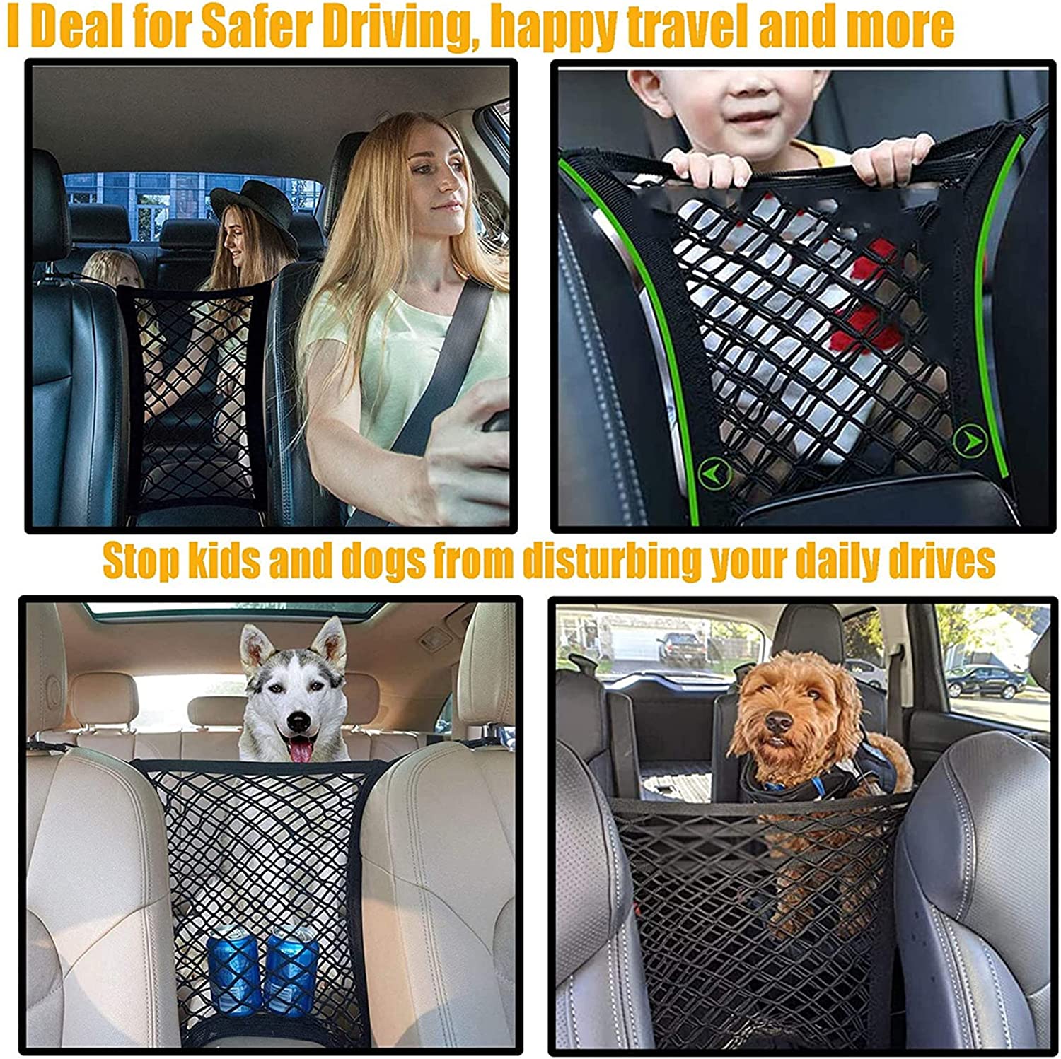 KUTKUT Dog Car Net Barrier | Pet Barrier with Auto Safety Mesh Organizer | Baby Stretchable Storage Bag Universal for Cars, SUVs -Easy Install, Car Divider for Driving Safely with Children &
