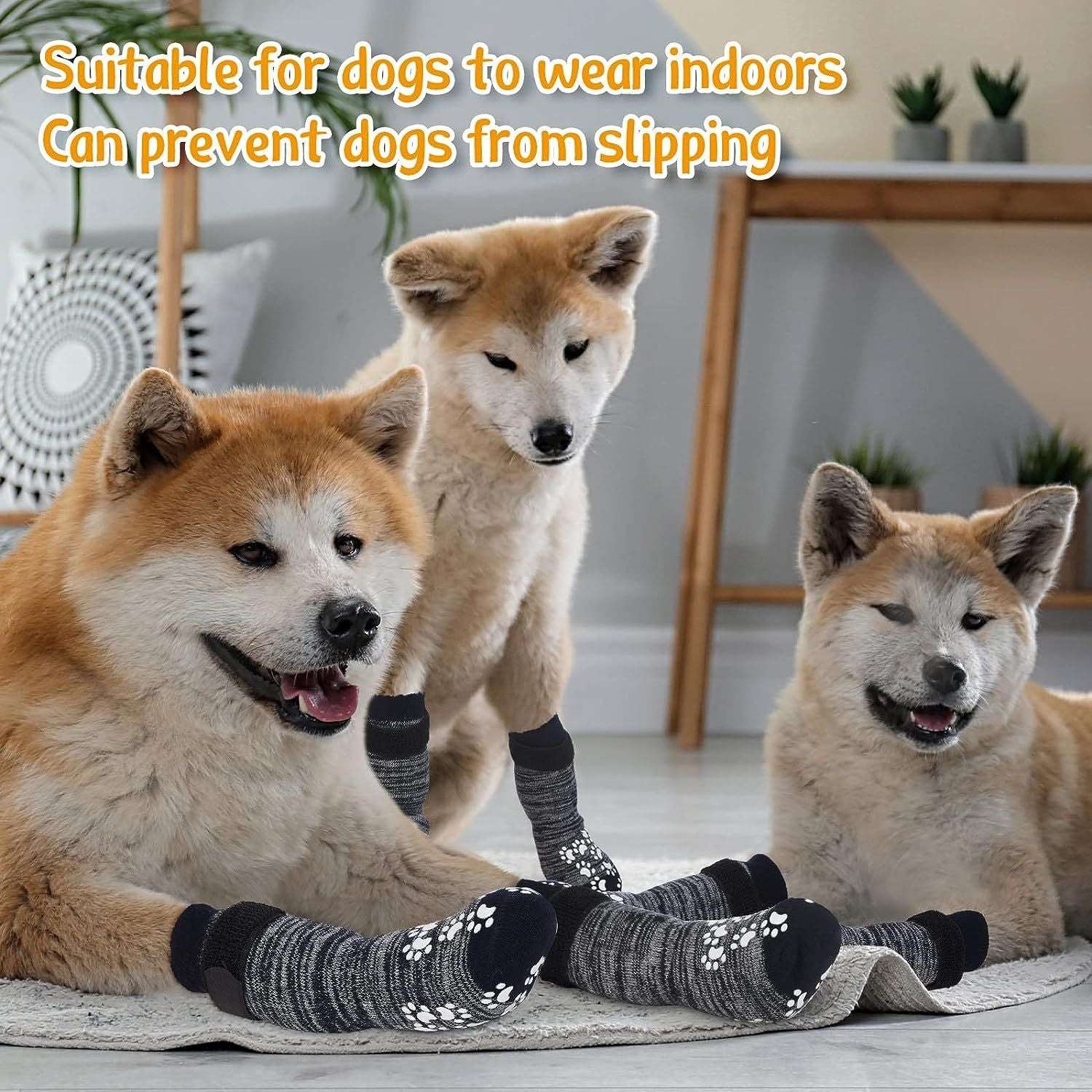 KUTKUT 8Pcs Double Side Anti-Slip Dog Socks with Adjustable Straps - Warm Strong Traction Control for Indoor on Hardwood Floor Wear Soft and Comfortable Paw Protector for Medium Large Dogs - 