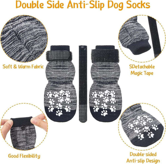 KUTKUT 8Pcs Double Side Anti-Slip Dog Socks with Adjustable Straps - Warm Strong Traction Control for Indoor on Hardwood Floor Wear Soft and Comfortable Paw Protector for Medium Large Dogs - 