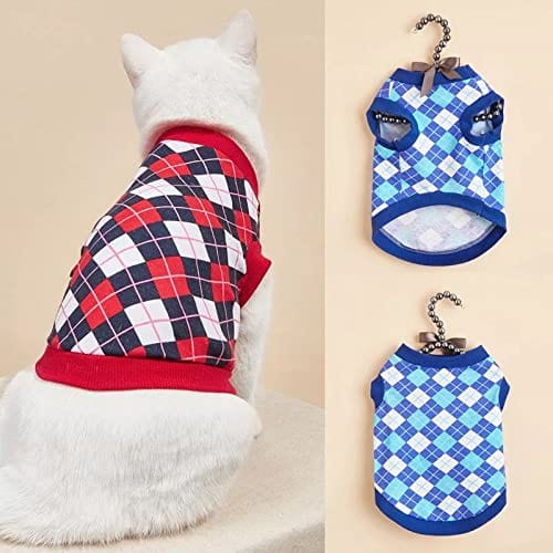 KUTKUT Pack of 2 Dog Cat Sleeveless Shirt, Brethable Plaid Cotton Argyle Pattern Top, Summer Clothes for Cats & Small Dogs ShishTzu, Poodle, Bichon Frise etc - kutkutstyle
