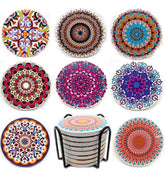 EZYHOME 8Pcs Drink Coasters Set, Absorbent Ceramic Coasters with Holder, Mandala Coasters with Non-Slip Cork Back, Housewarming Gift Stone Coaster, Round Rustic Coasters for Home Restaurant O