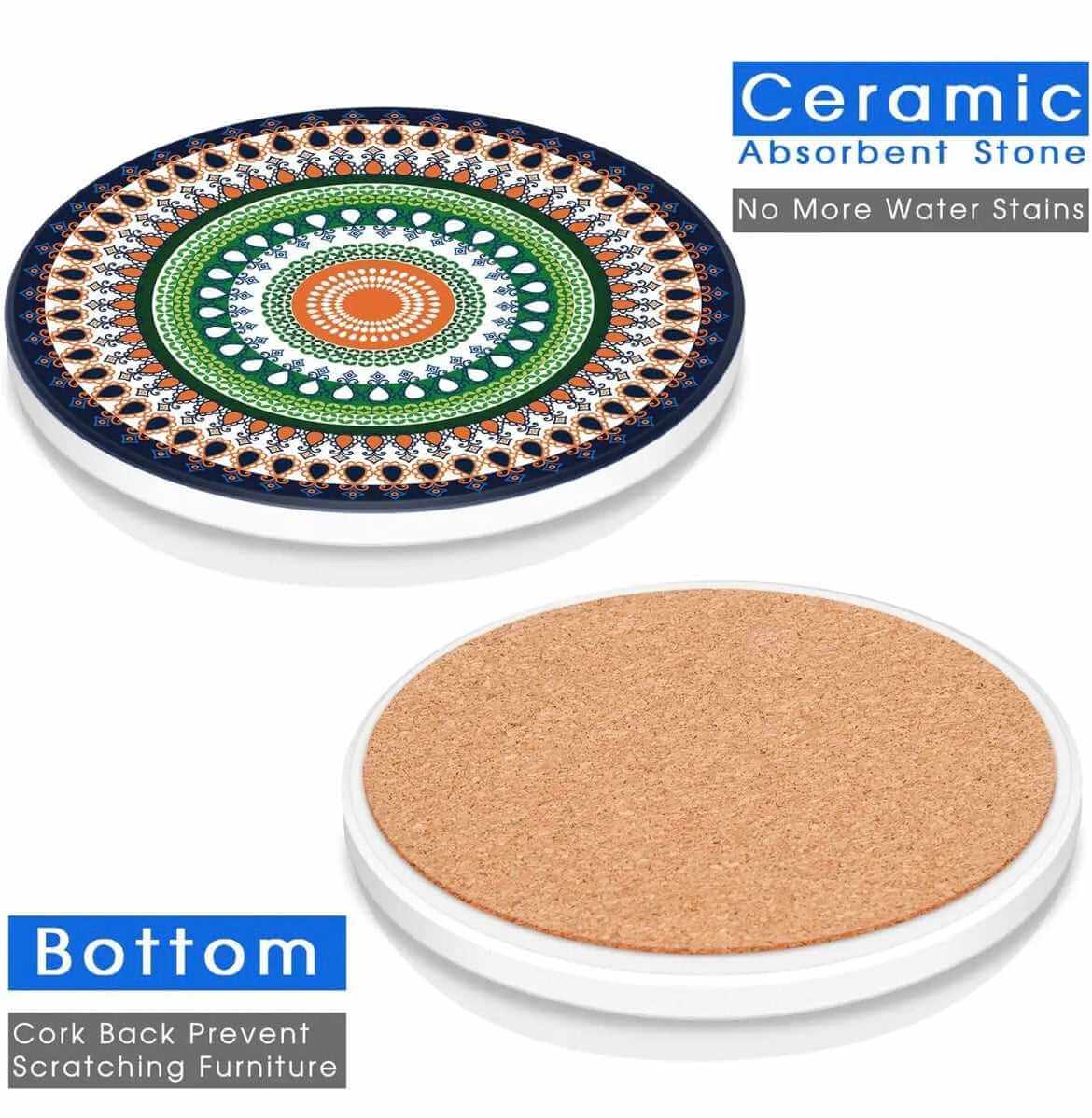 EZYHOME Absorbing Stone Mandala Ceramic Coasters for Drinks Cork Base with Holder, for Friends Funny Birthday Housewarming Apartment Kitchen Bar Decor,Suitable for Wooden Table,Coffee Table,S