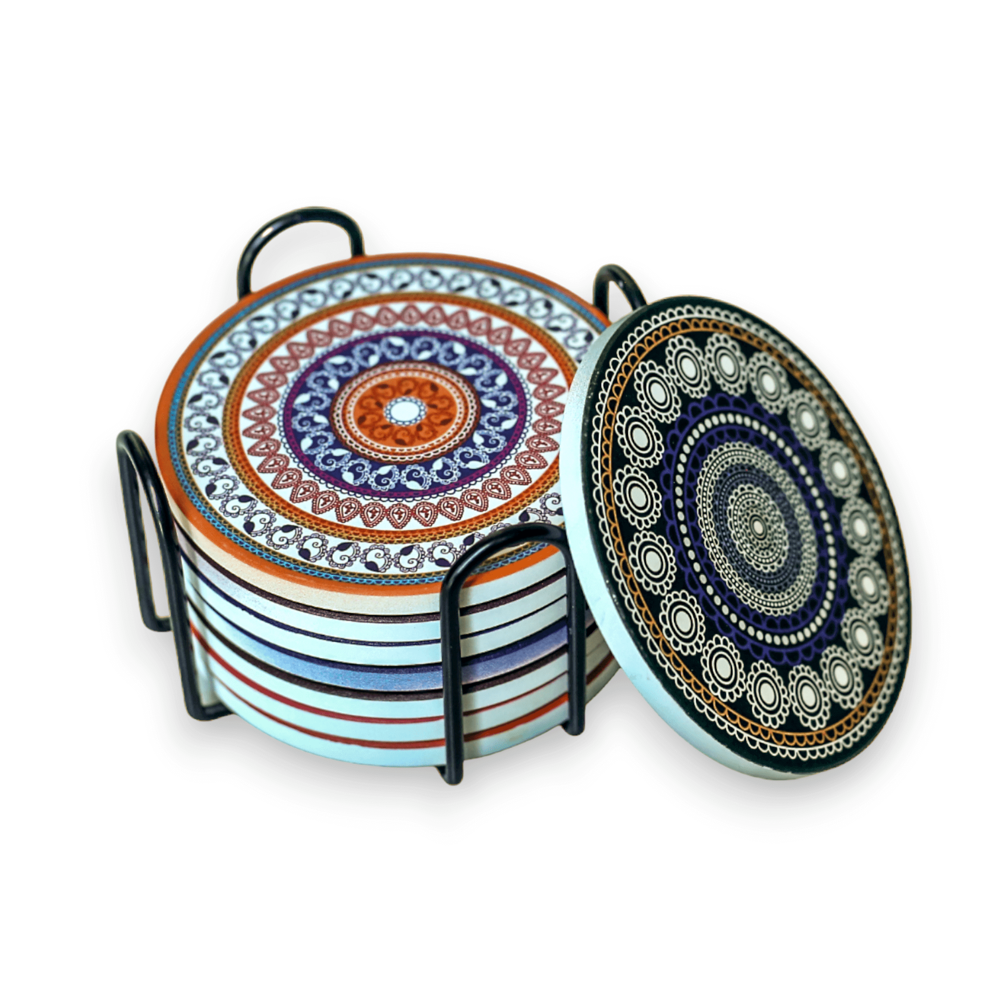 EZYHOME Absorbing Stone Mandala Ceramic Coasters for Drinks Cork Base with Holder, for Friends Funny Birthday Housewarming Apartment Kitchen Bar Decor,Suitable for Wooden Table,Coffee Table,S