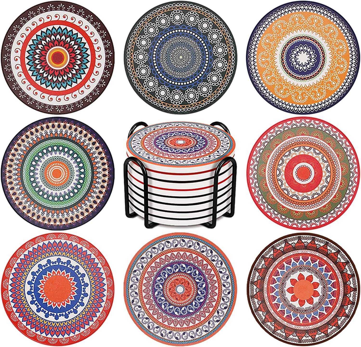 EZYHOME Absorbing Stone Mandala Ceramic Coasters for Drinks Cork Base with Holder, for Friends Funny Birthday Housewarming Apartment Kitchen Bar Decor,Suitable for Wooden Table,Coffee Table,S
