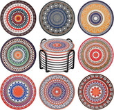 EZYHOME Absorbing Stone Mandala Ceramic Coasters for Drinks Cork Base with Holder, for Friends Funny Birthday Housewarming Apartment Kitchen Bar Decor,Suitable for Wooden Table,Coffee Table,S