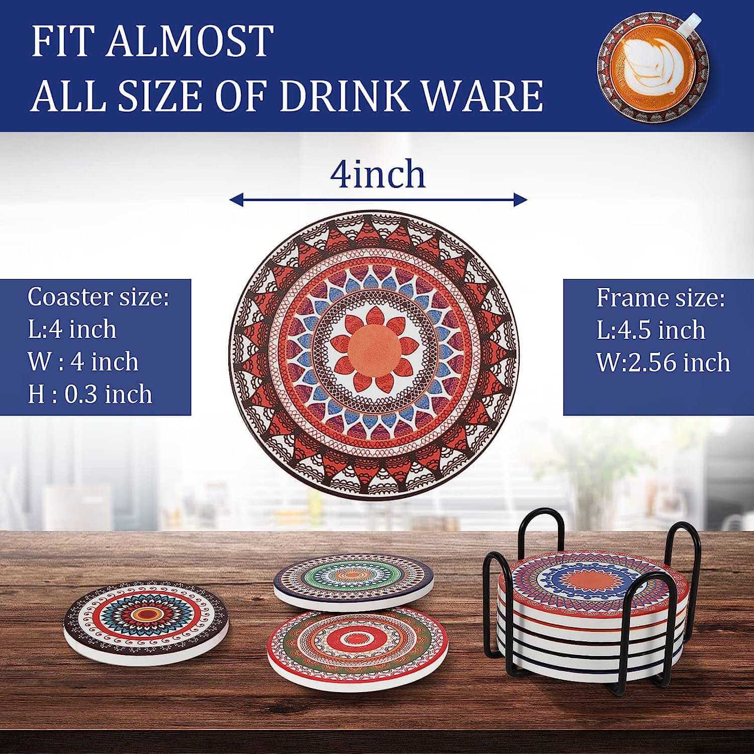 EZYHOME Absorbing Stone Mandala Ceramic Coasters for Drinks Cork Base with Holder, for Friends Funny Birthday Housewarming Apartment Kitchen Bar Decor,Suitable for Wooden Table,Coffee Table,S