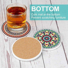EZYHOME Absorbing Stone Mandala Ceramic Coasters for Drinks Cork Base with Holder, for Friends Funny Birthday Housewarming Apartment Kitchen Bar Decor,Suitable for Wooden Table,Coffee Table,S