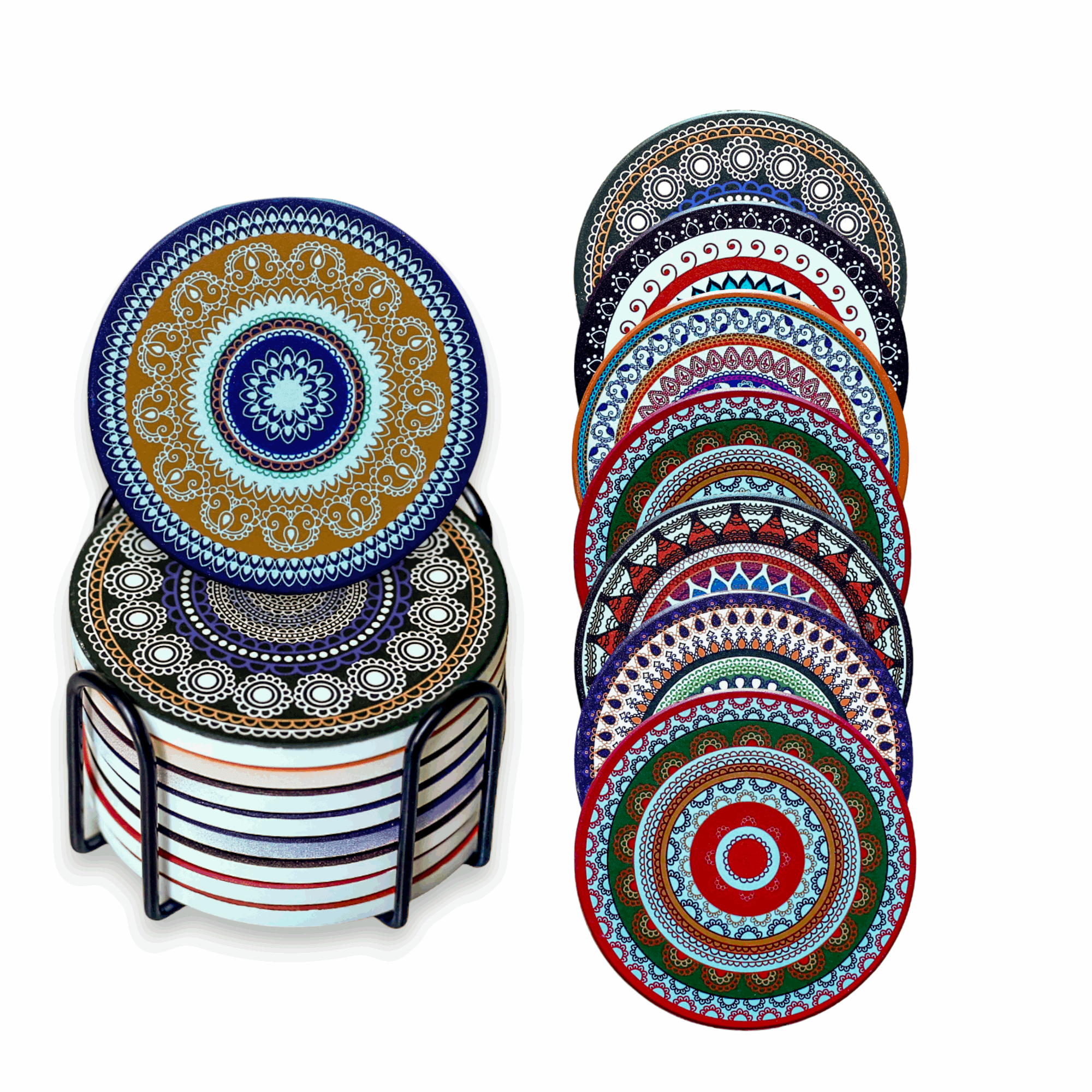 EZYHOME Absorbing Stone Mandala Ceramic Coasters for Drinks Cork Base with Holder, for Friends Funny Birthday Housewarming Apartment Kitchen Bar Decor,Suitable for Wooden Table,Coffee Table,S