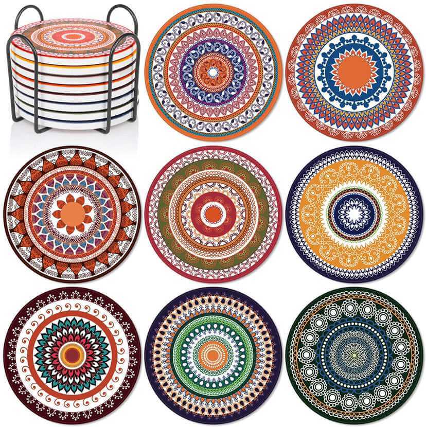 EZYHOME Absorbing Stone Mandala Ceramic Coasters for Drinks Cork Base with Holder, for Friends Funny Birthday Housewarming Apartment Kitchen Bar Decor,Suitable for Wooden Table,Coffee Table,S