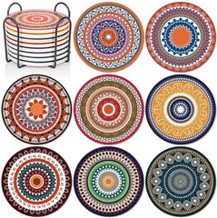 EZYHOME Absorbing Stone Mandala Ceramic Coasters for Drinks Cork Base with Holder, for Friends Funny Birthday Housewarming Apartment Kitchen Bar Decor,Suitable for Wooden Table,Coffee Table,S