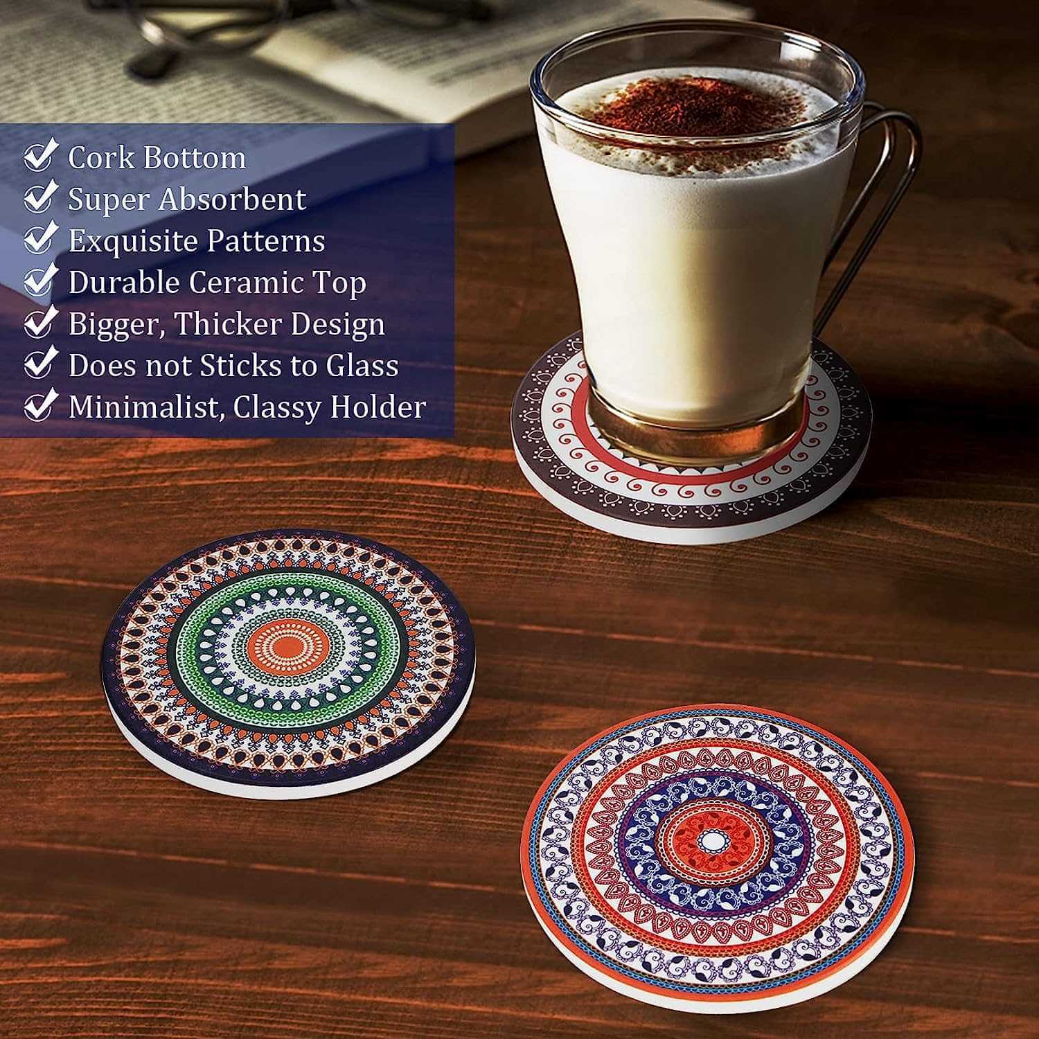 EZYHOME Absorbing Stone Mandala Ceramic Coasters for Drinks Cork Base with Holder, for Friends Funny Birthday Housewarming Apartment Kitchen Bar Decor,Suitable for Wooden Table,Coffee Table,S