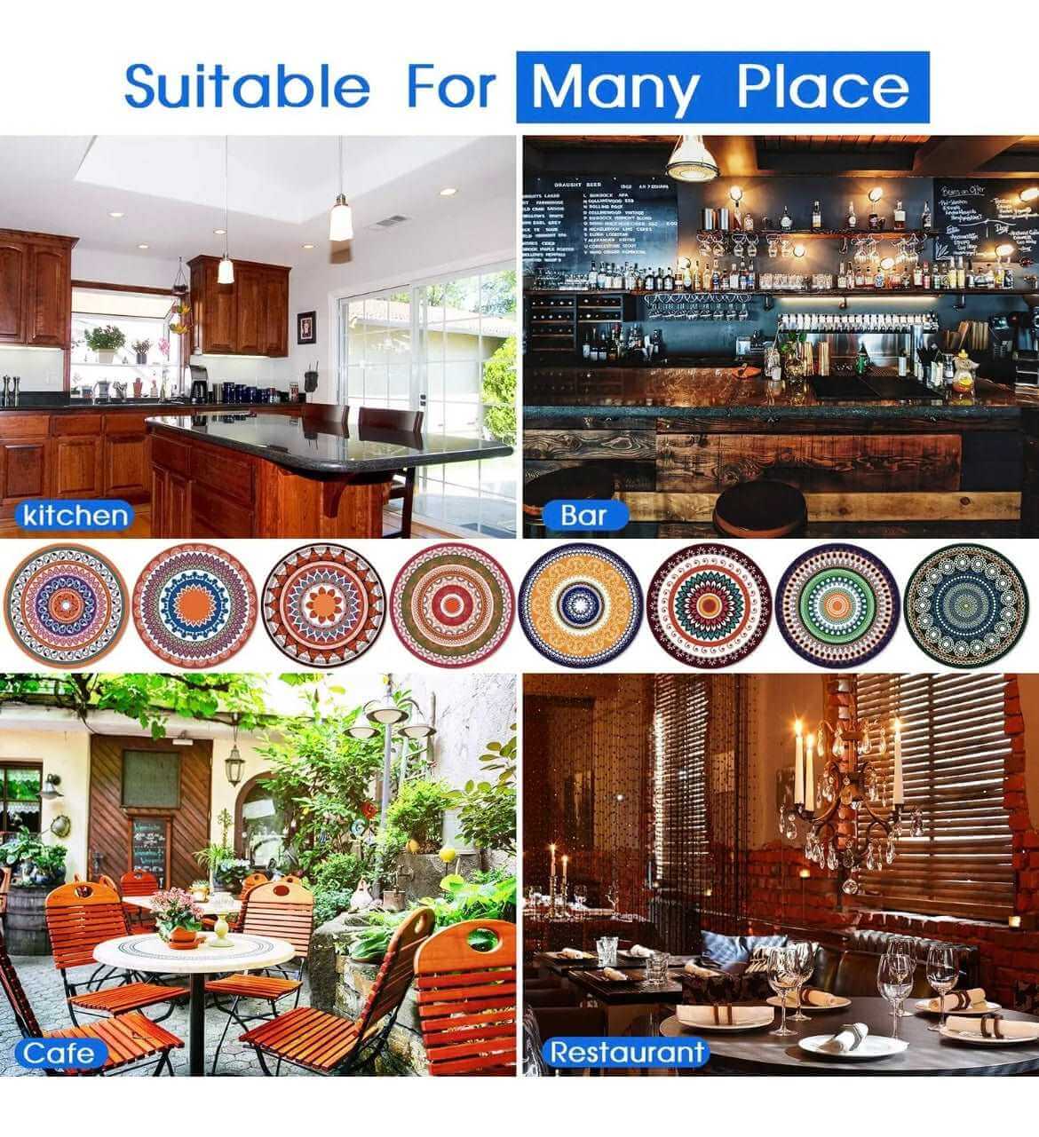 EZYHOME Absorbing Stone Mandala Ceramic Coasters for Drinks Cork Base with Holder, for Friends Funny Birthday Housewarming Apartment Kitchen Bar Decor,Suitable for Wooden Table,Coffee Table,S