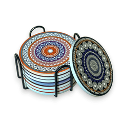 EZYHOME Absorbing Stone Mandala Ceramic Coasters for Drinks Cork Base with Holder, for Friends Funny Birthday Housewarming Apartment Kitchen Bar Decor,Suitable for Wooden Table,Coffee Table,S