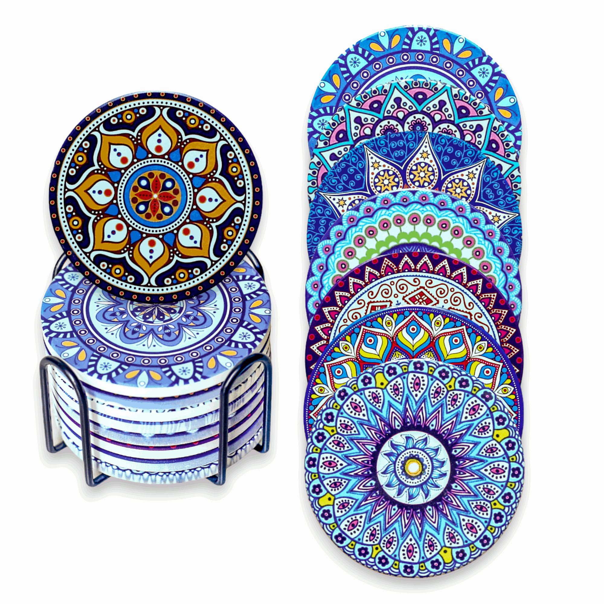 EZYHOME Set of 8 Mandala Flower Ceramic Coaster, Drink Coaster Round Cup Mat Pad Set Mug Coaster with Non-Slip Cork Base and Holder for Cups, Mug, Wine Glass, Home, Kitchen and Bar set of 8 p