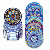 EZYHOME Set of 8 Mandala Flower Ceramic Coaster, Drink Coaster Round Cup Mat Pad Set Mug Coaster with Non-Slip Cork Base and Holder for Cups, Mug, Wine Glass, Home, Kitchen and Bar set of 8 p