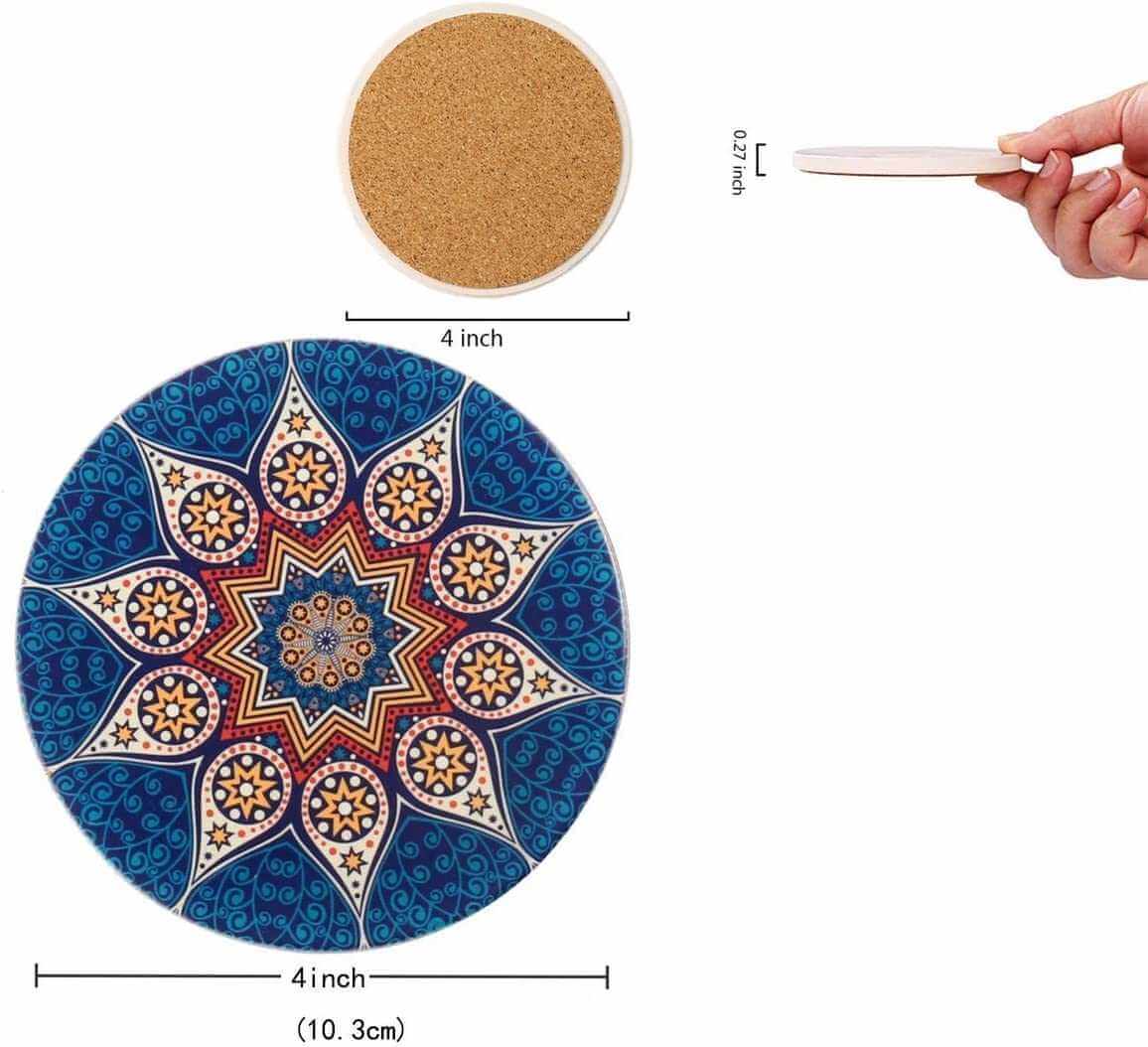EZYHOME Set of 8 Mandala Flower Ceramic Coaster, Drink Coaster Round Cup Mat Pad Set Mug Coaster with Non-Slip Cork Base and Holder for Cups, Mug, Wine Glass, Home, Kitchen and Bar set of 8 p