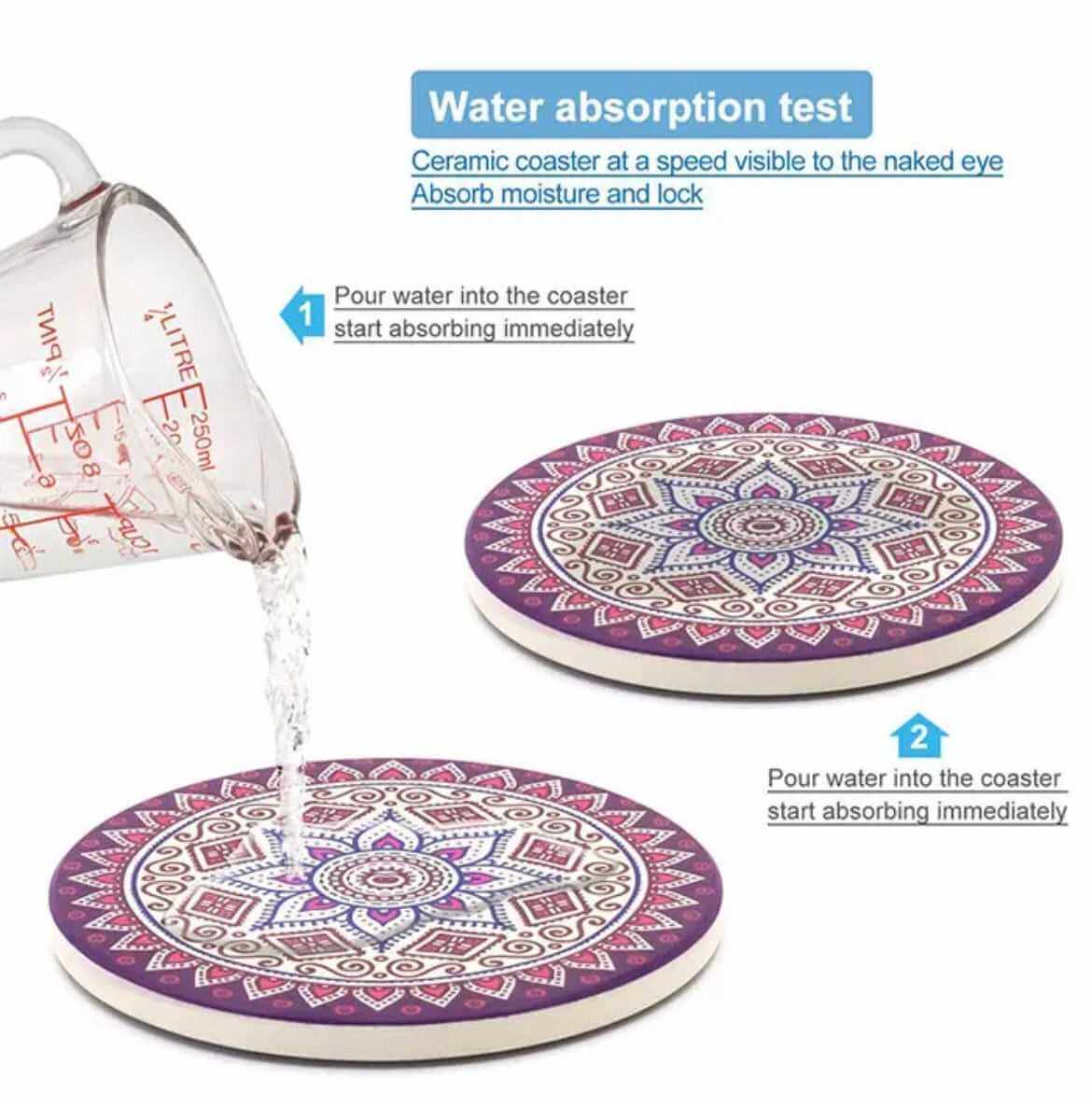 EZYHOME Set of 8 Mandala Flower Ceramic Coaster, Drink Coaster Round Cup Mat Pad Set Mug Coaster with Non-Slip Cork Base and Holder for Cups, Mug, Wine Glass, Home, Kitchen and Bar set of 8 p