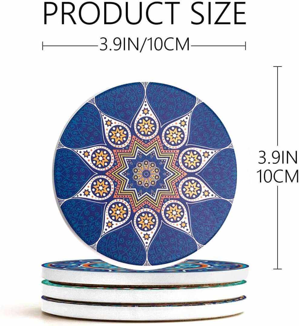 EZYHOME Set of 8 Mandala Flower Ceramic Coaster, Drink Coaster Round Cup Mat Pad Set Mug Coaster with Non-Slip Cork Base and Holder for Cups, Mug, Wine Glass, Home, Kitchen and Bar set of 8 p