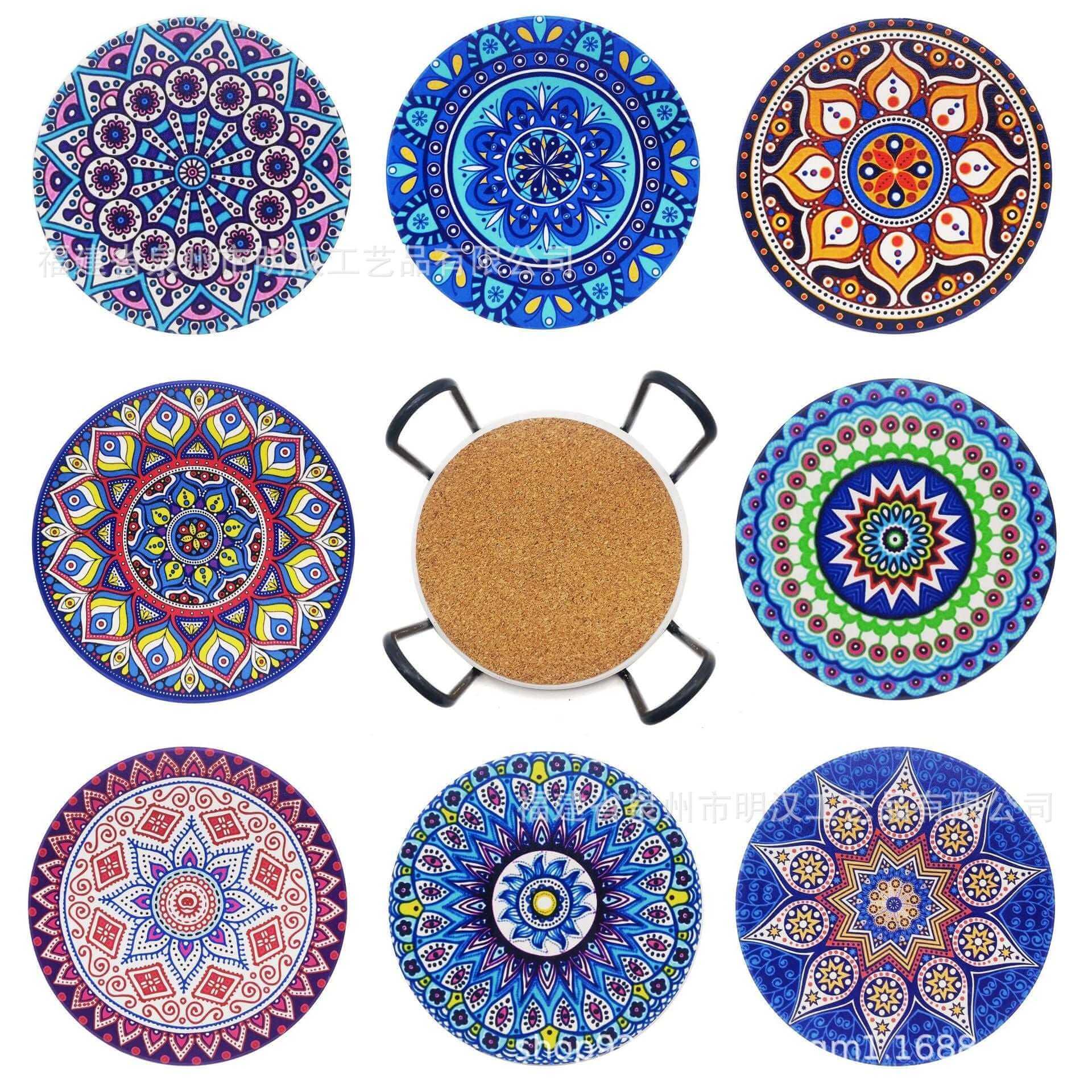 EZYHOME Set of 8 Mandala Flower Ceramic Coaster, Drink Coaster Round Cup Mat Pad Set Mug Coaster with Non-Slip Cork Base and Holder for Cups, Mug, Wine Glass, Home, Kitchen and Bar set of 8 p