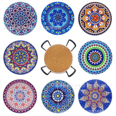 EZYHOME Set of 8 Mandala Flower Ceramic Coaster, Drink Coaster Round Cup Mat Pad Set Mug Coaster with Non-Slip Cork Base and Holder for Cups, Mug, Wine Glass, Home, Kitchen and Bar set of 8 p