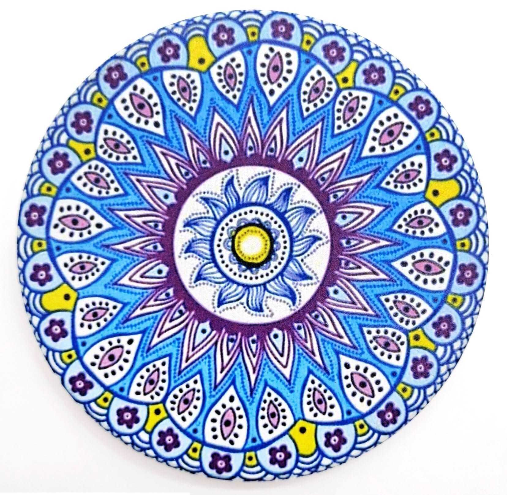 EZYHOME Set of 8 Mandala Flower Ceramic Coaster, Drink Coaster Round Cup Mat Pad Set Mug Coaster with Non-Slip Cork Base and Holder for Cups, Mug, Wine Glass, Home, Kitchen and Bar set of 8 p