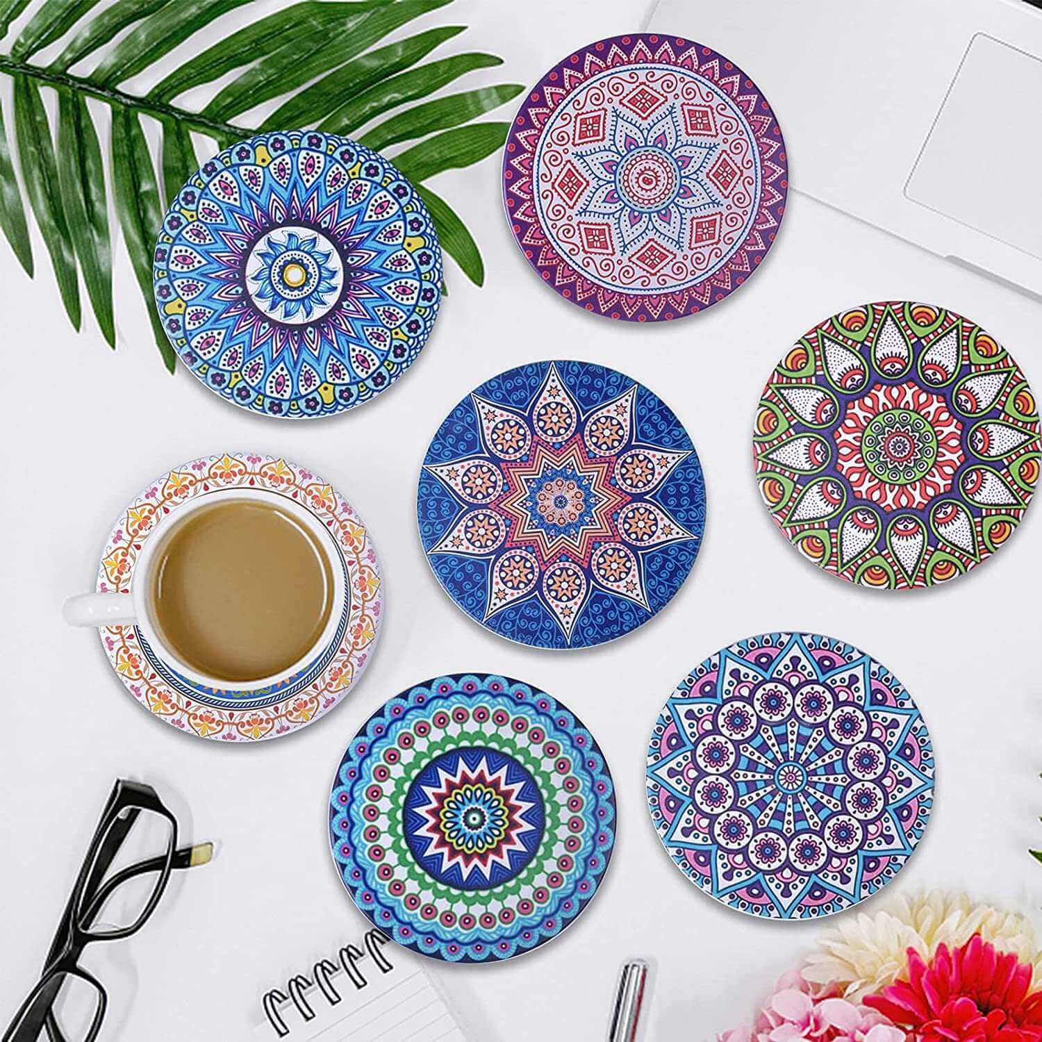 EZYHOME Set of 8 Mandala Flower Ceramic Coaster, Drink Coaster Round Cup Mat Pad Set Mug Coaster with Non-Slip Cork Base and Holder for Cups, Mug, Wine Glass, Home, Kitchen and Bar set of 8 p